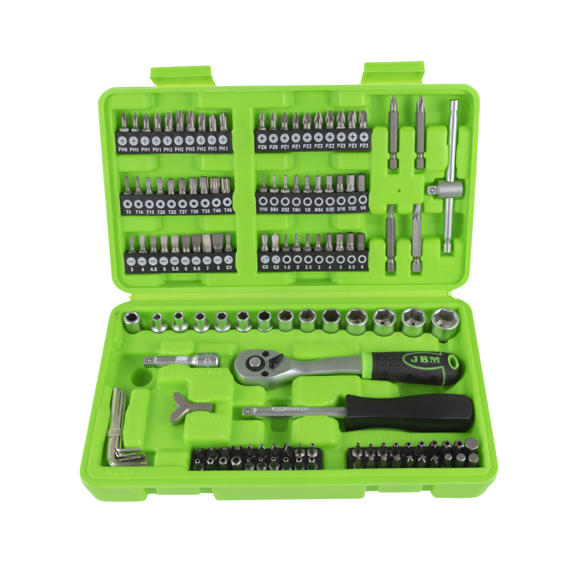 Estuche de herramientas de 130 piezas con vasos y puntas de 1/4" cincado JBM 53953