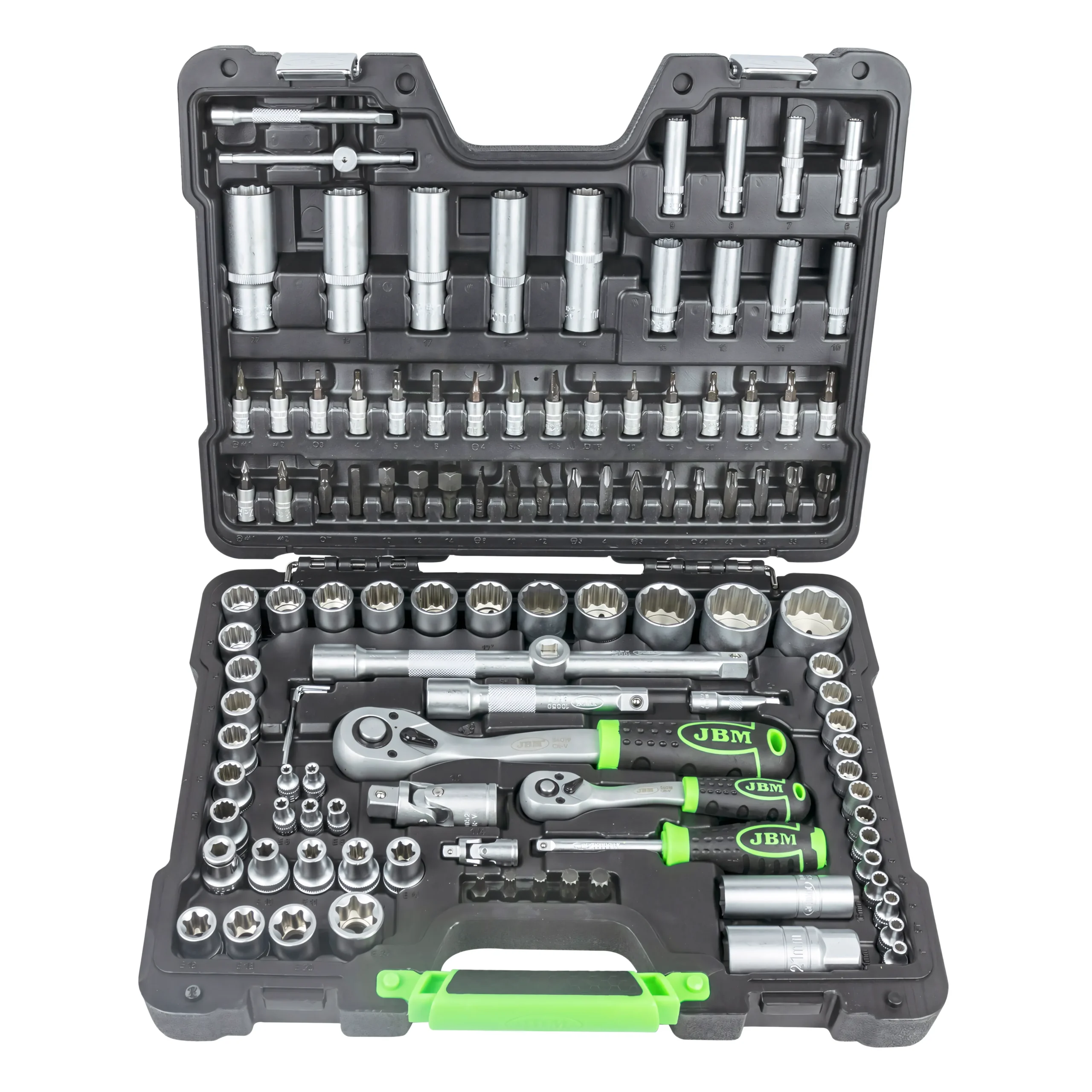 Maletín de herramientas de 113 piezas con vasos de 12 cantos de 1/4" y 1/2" cincado JBM 54036
