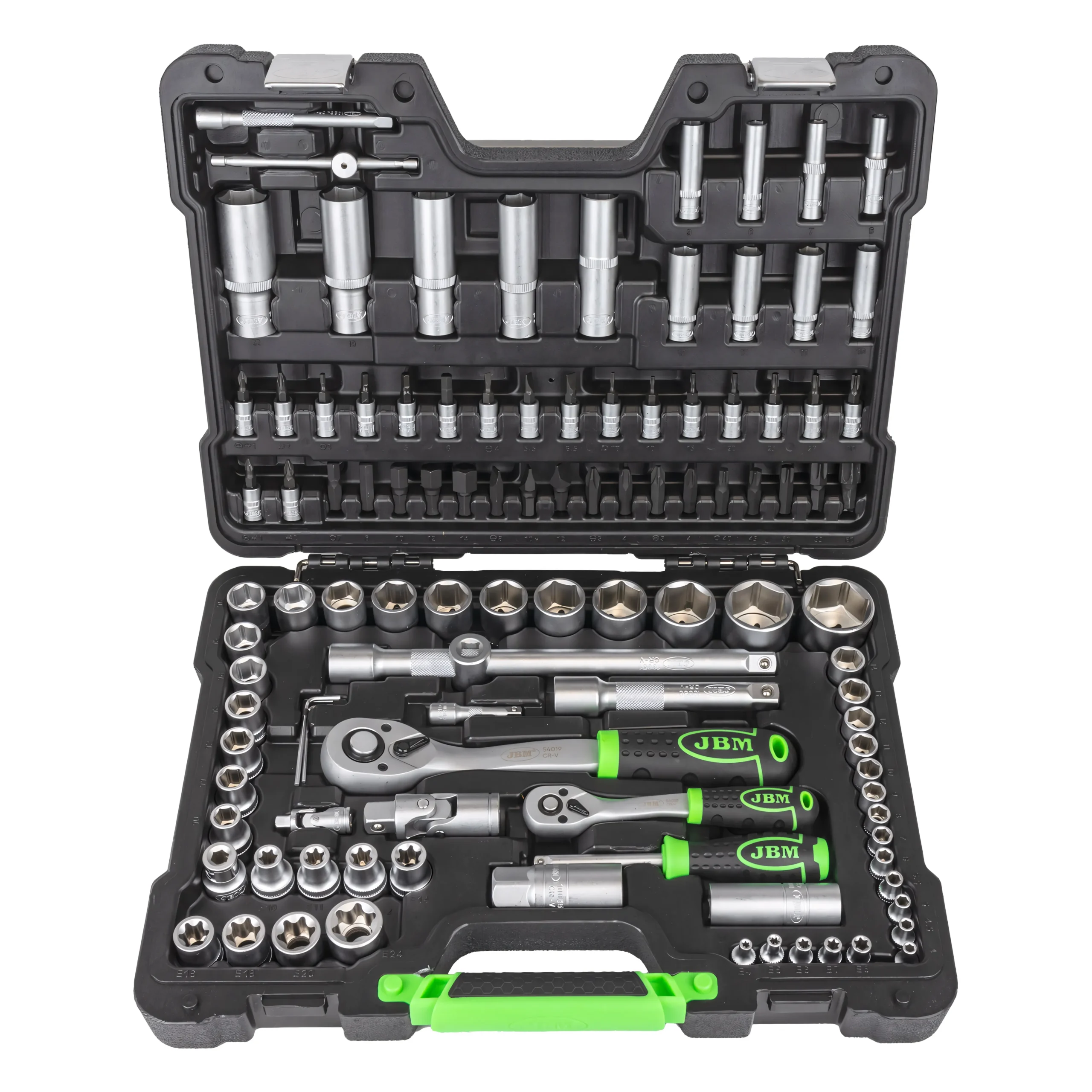 Maletín de herramientas de 108 piezas con vasos hexagonales de 1/4" y 1/2" cincado JBM 54037