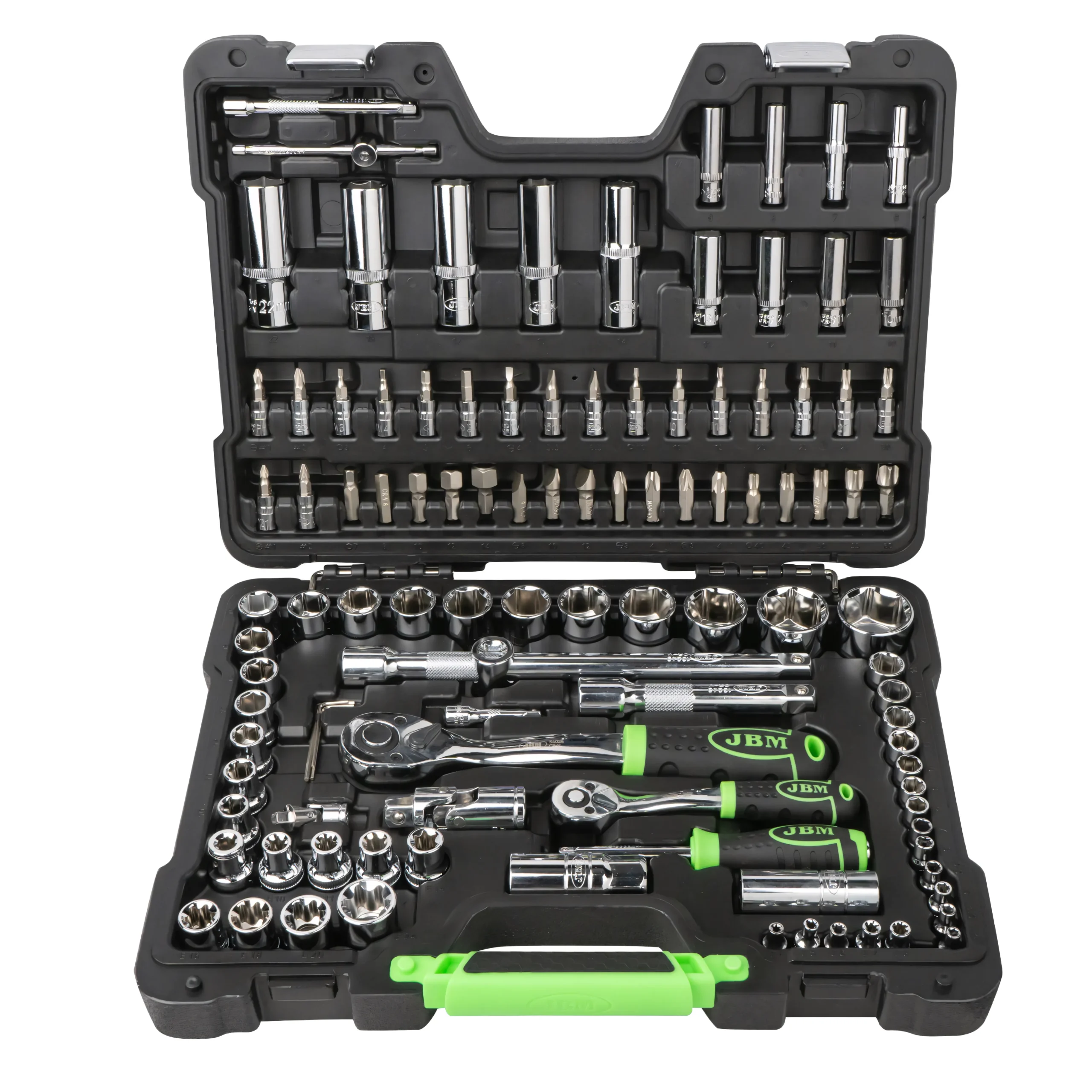 Maletín de herramientas de 108 piezas con vasos hexagonales de 1/4" y 1/2" cromado JBM 54048