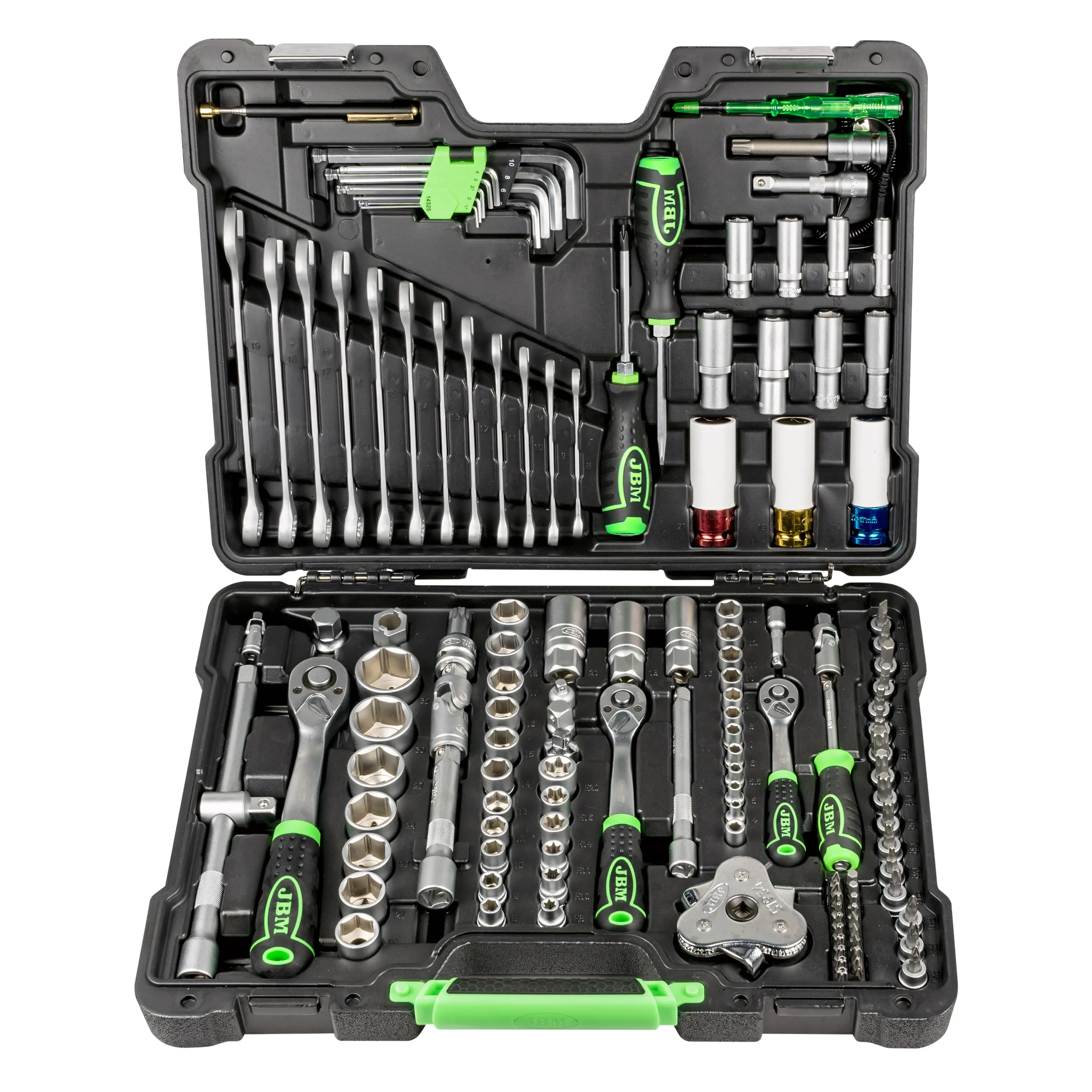 Maletín de herramientas de 132 piezas con vasos hexagonales 1/2", 1/4" y 3/8" cincado JBM 54082