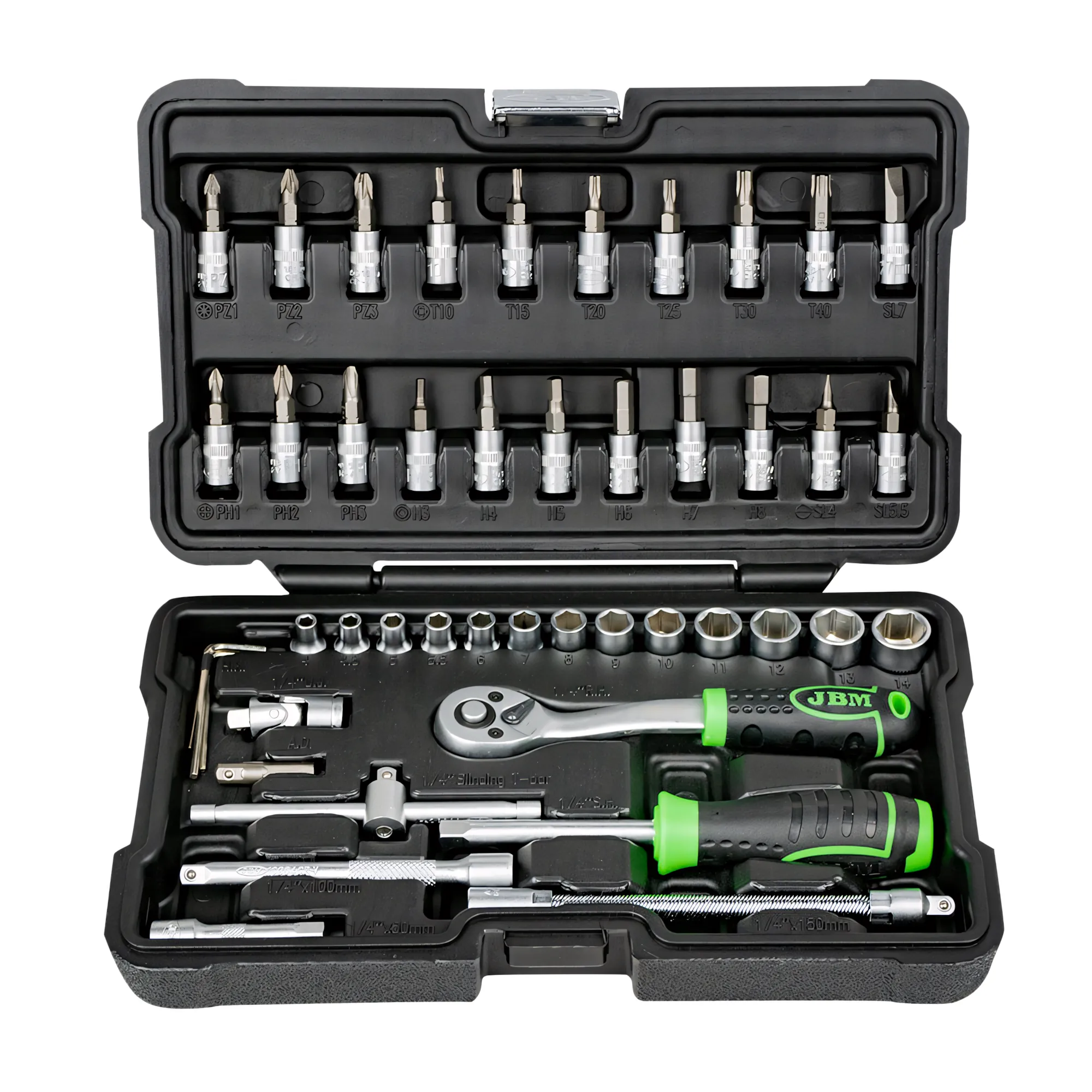 Estuche de herramientas de 46 piezas con vasos hexagonales de 1/4" cincado JBM 54109
