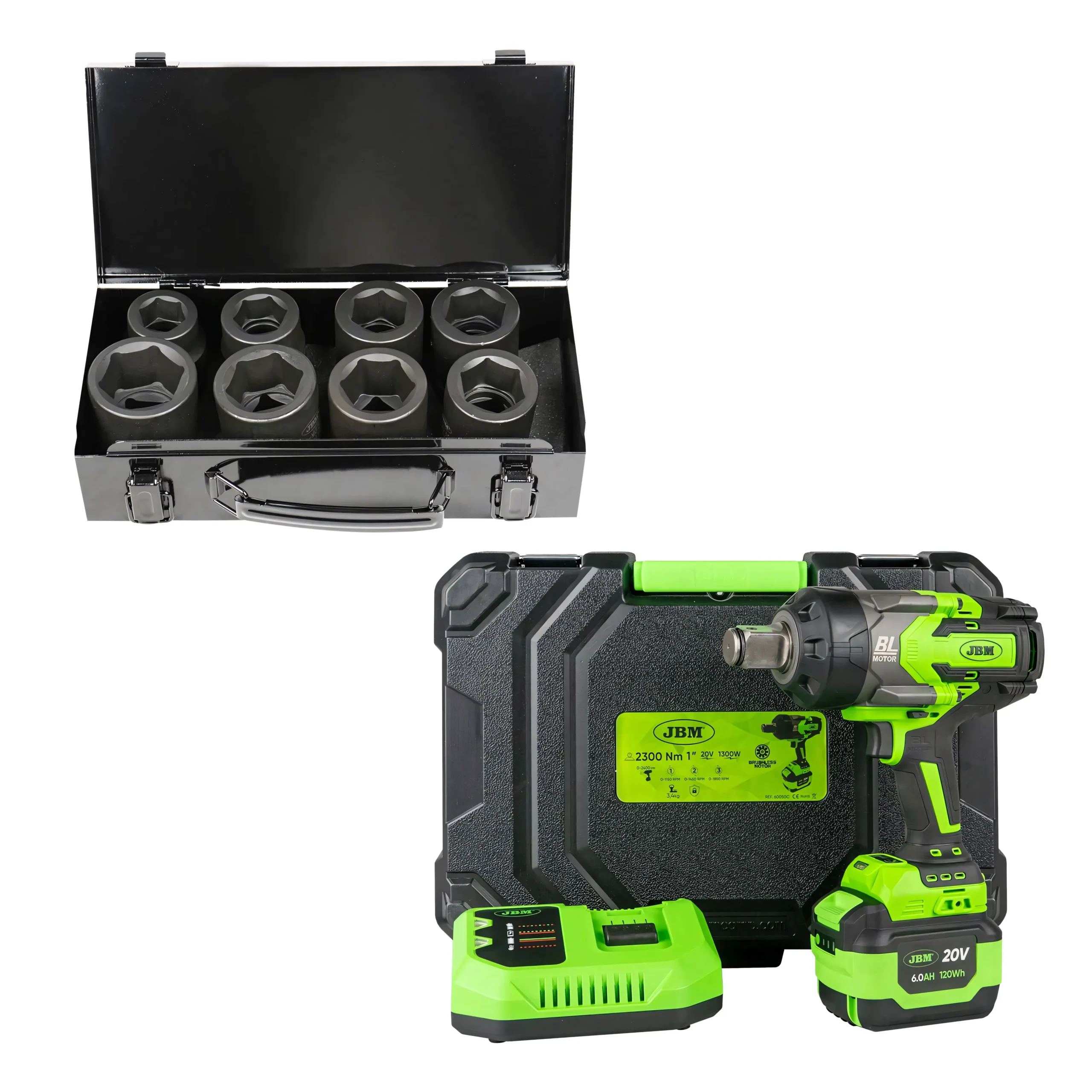 60050c pistola de impacto brushless a batería 1" 2300nm con maletín + 52348 set de 8 vasos JBM SERIE550