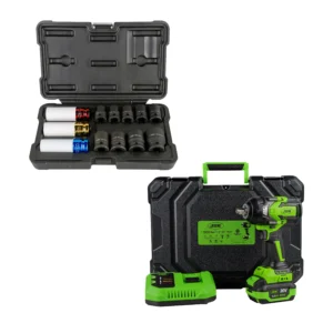 60051c pistola de impacto brushless a batería 1/2" 1000nm con maletín + 52343 set de 12 vasos JBM SERIE551